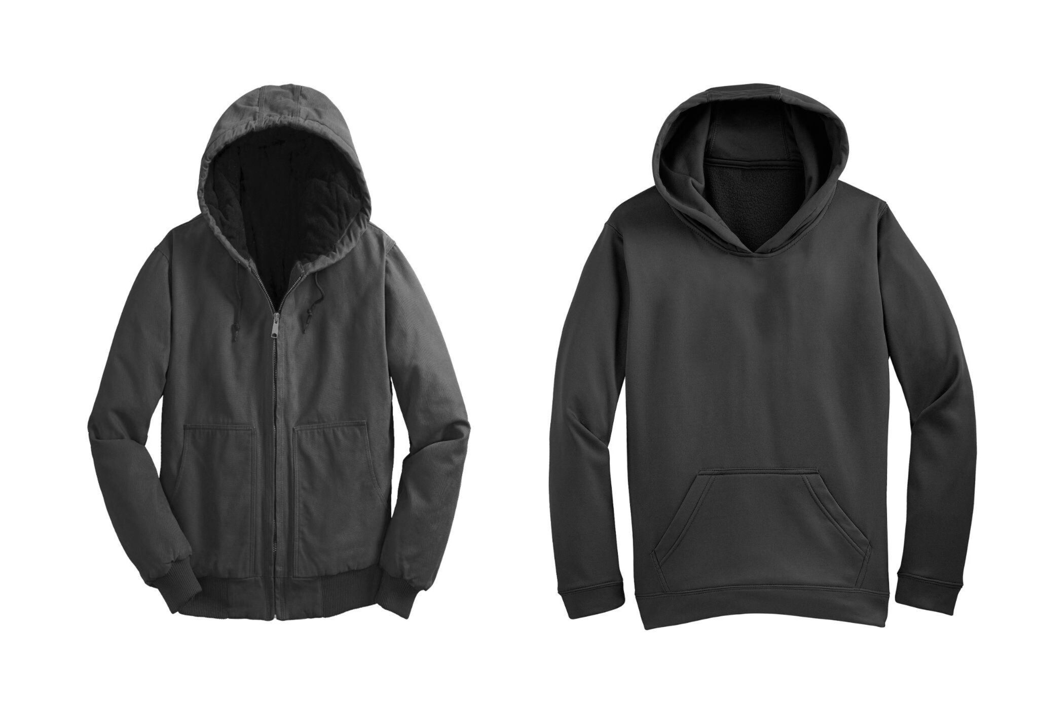 Two different types of hoodies: a zip-up hoodie on the left and a pullover hoodie on the right, both in dark colors.